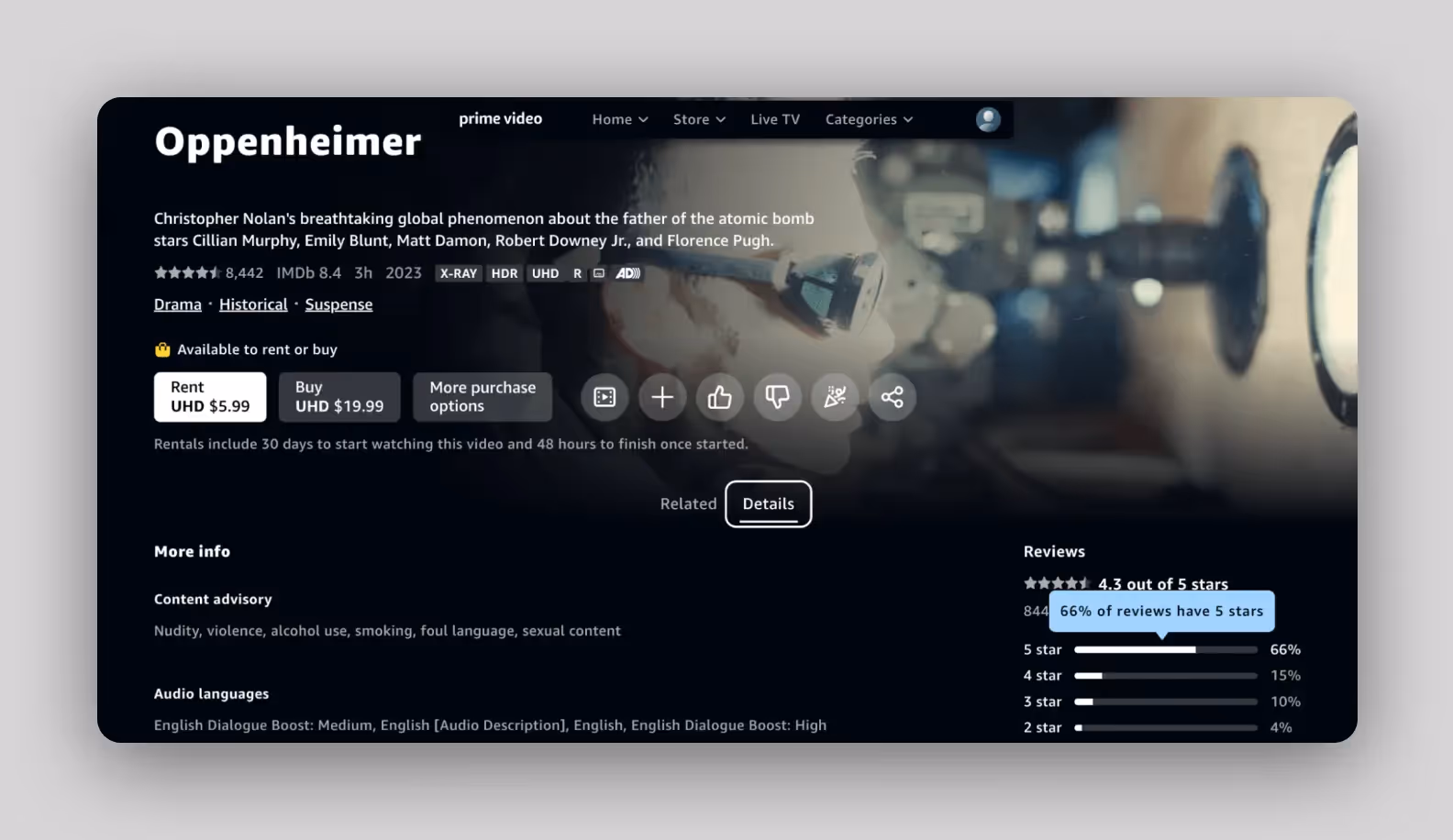 screen of Amazon Prime Video service showing user ratings