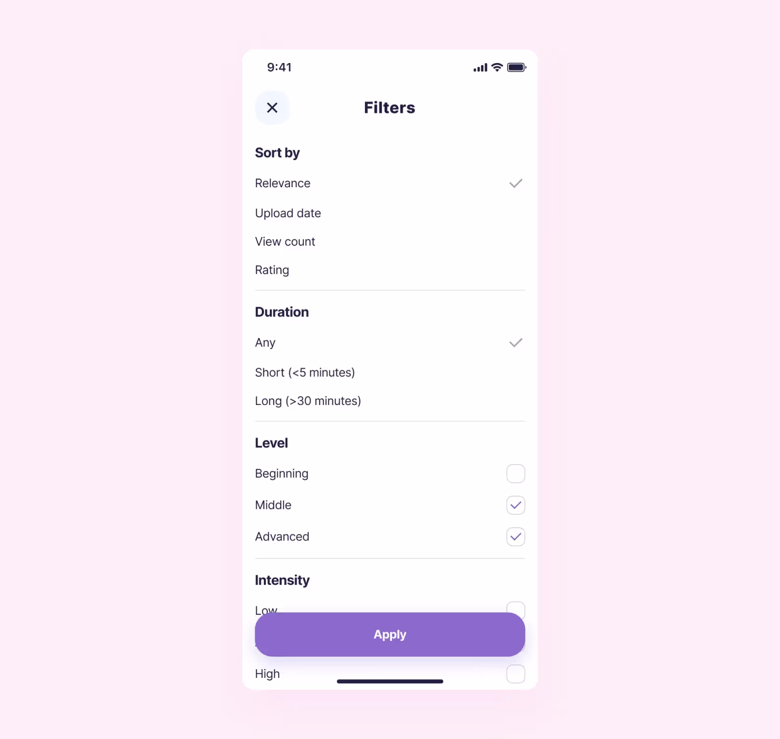 filters help find pre-built workouts for specific needs