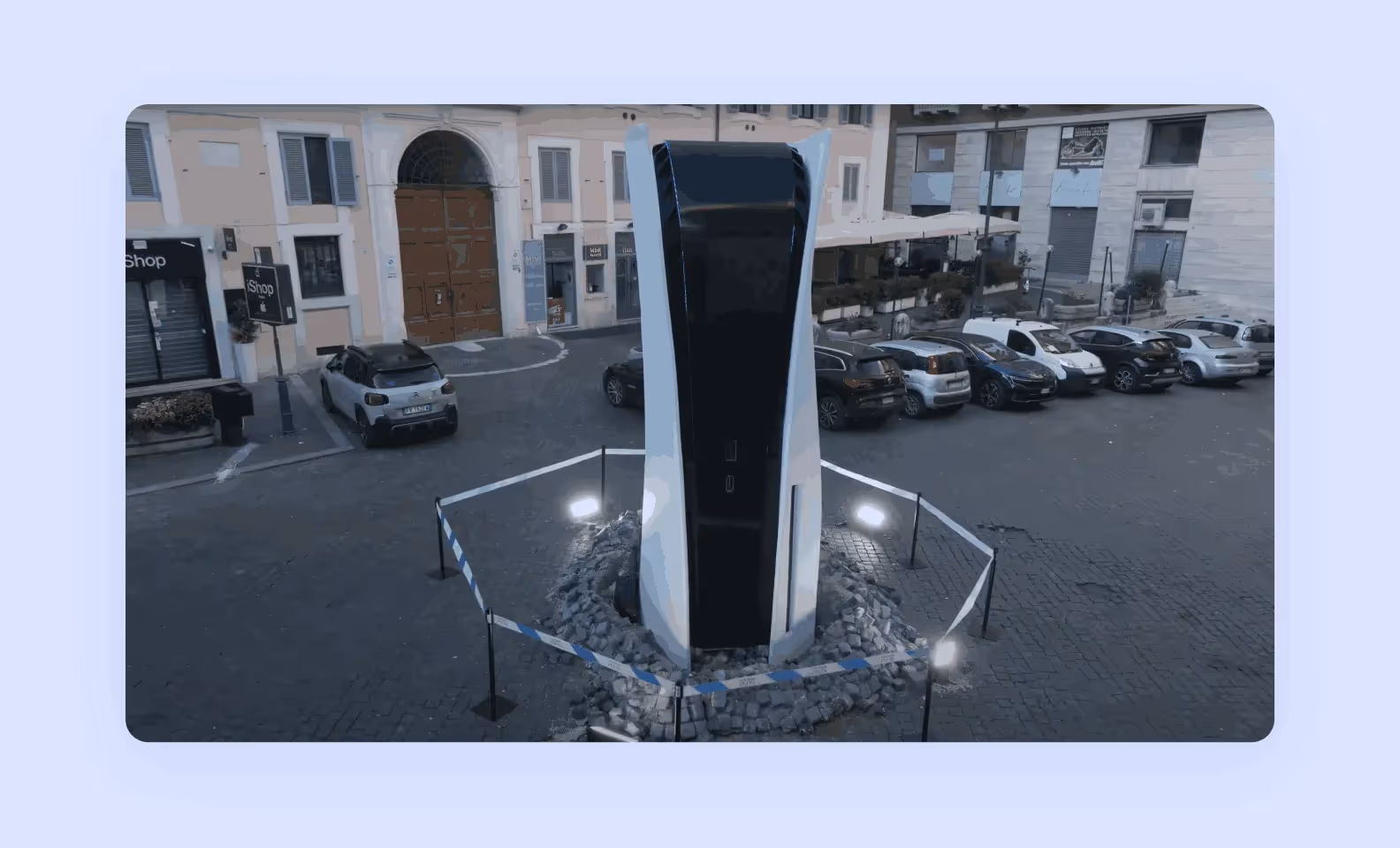 a giant Sony PlayStation 5 replica installed in the streets of Rome, Italy