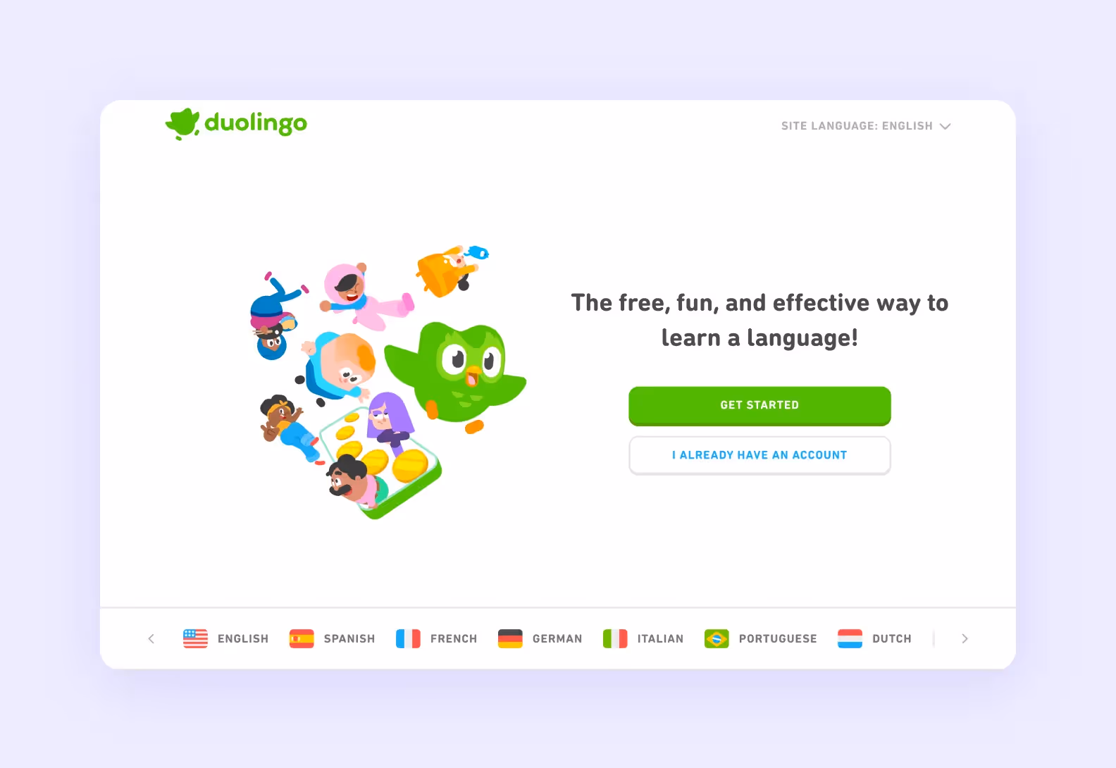 home page of duolingo.com describing the product message of the Duolingo app