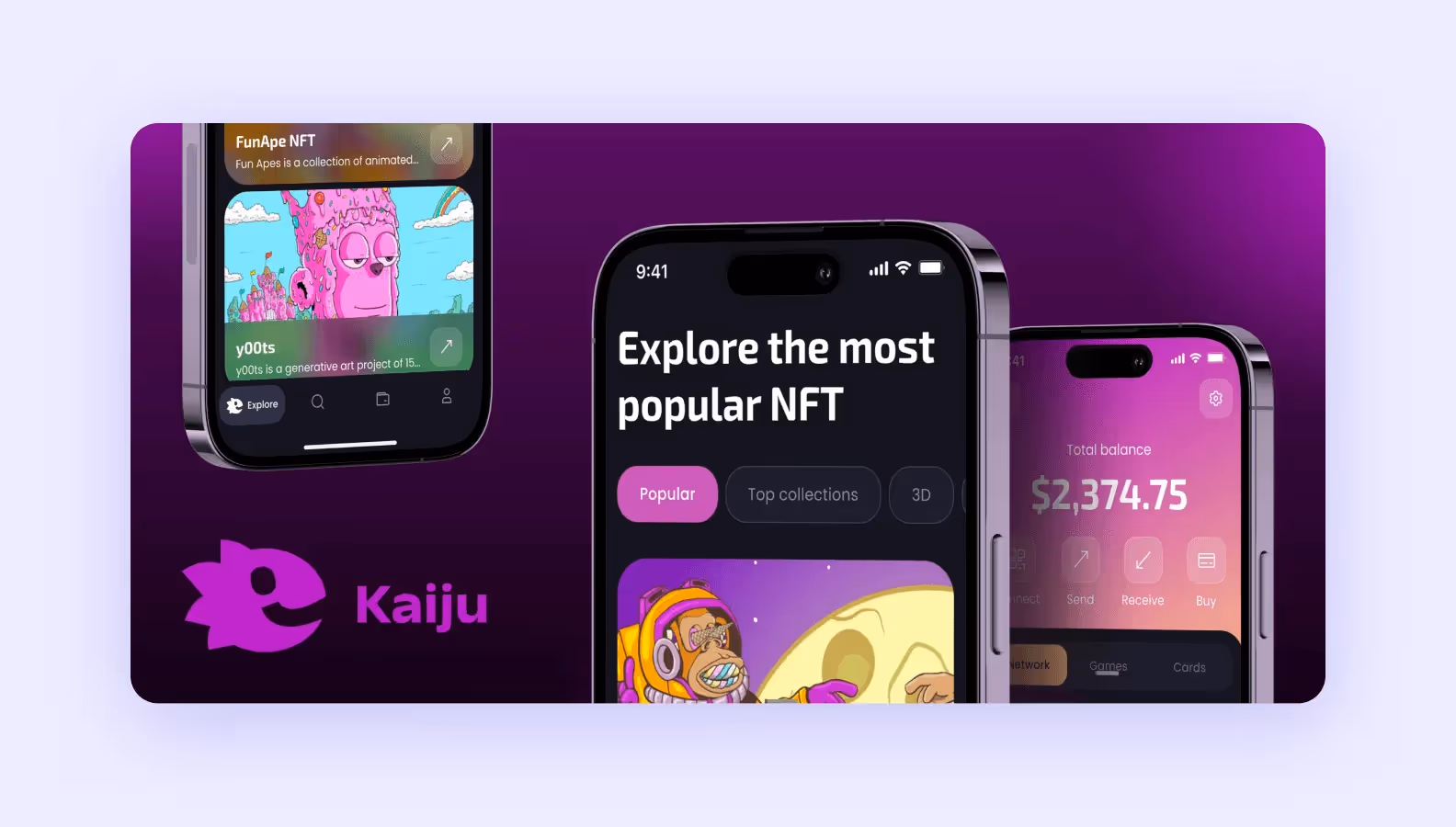 screens of Kaiju crypto wallet app developed by Purrweb