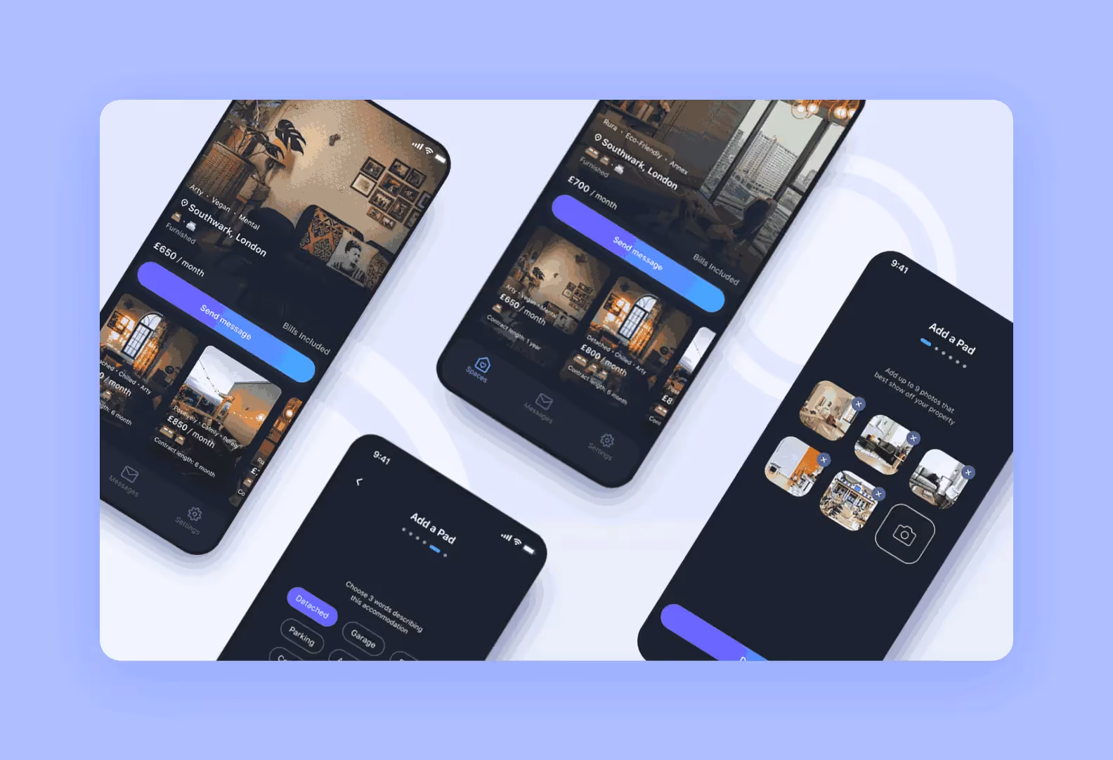 screens of the real estate app Pad developed by Purrweb