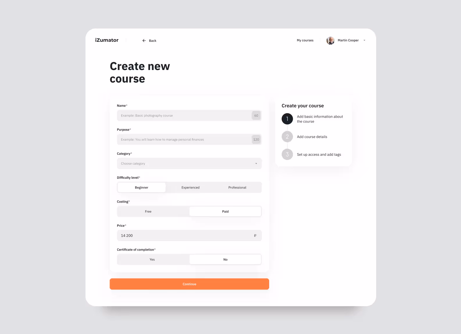 Here, users can create courses — add the descriptions and materials, and set a price