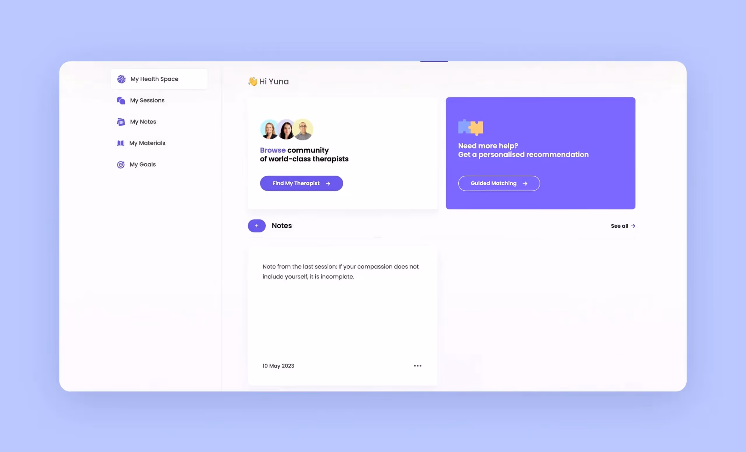 Screenshot of a mental health app featuring a clean white background with a personal dashboard and vibrant purple accents