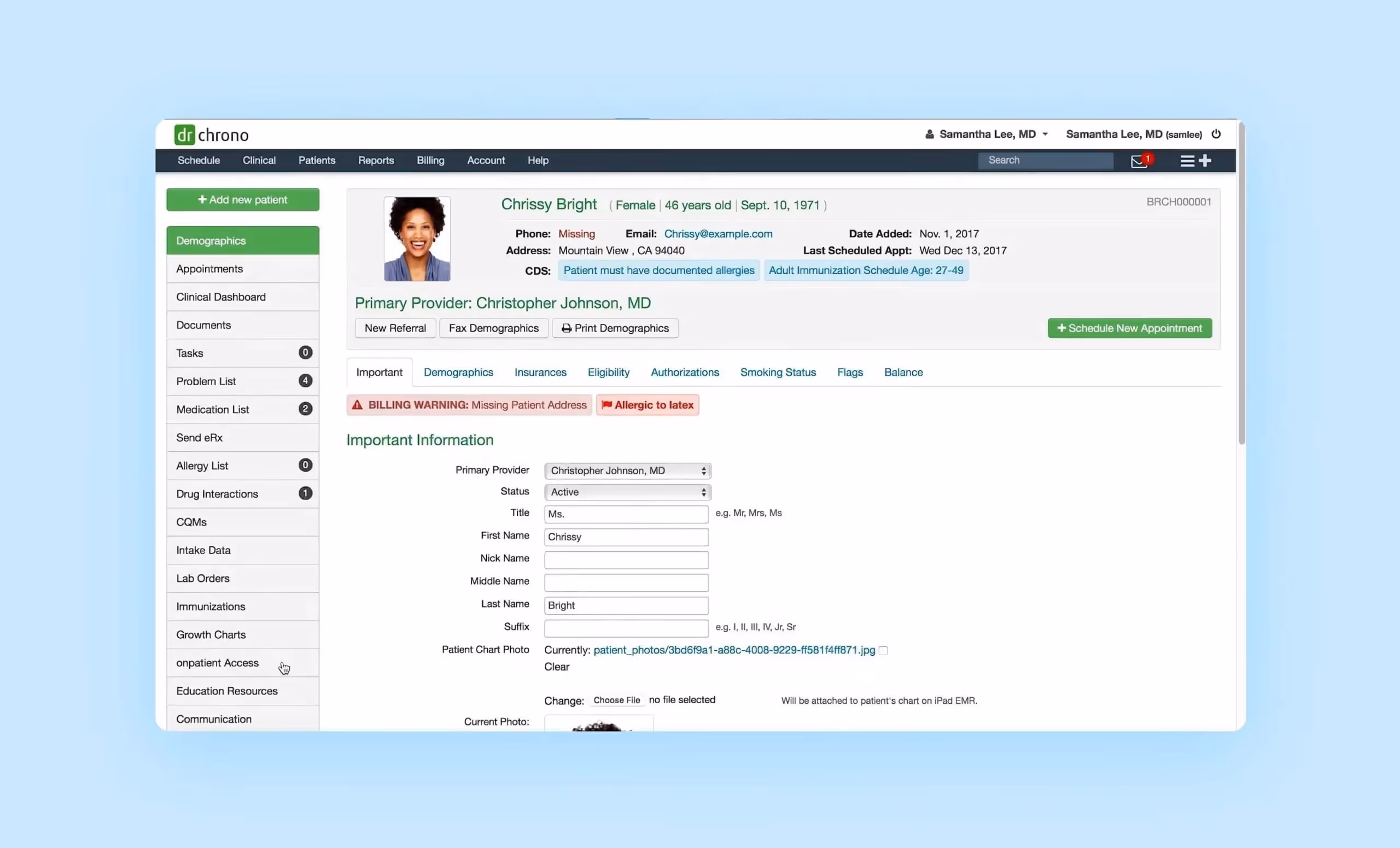 The main screen of the DrChrono app, displays patient information, appointment schedules, medical records, and a variety of functional buttons and navigation elements.