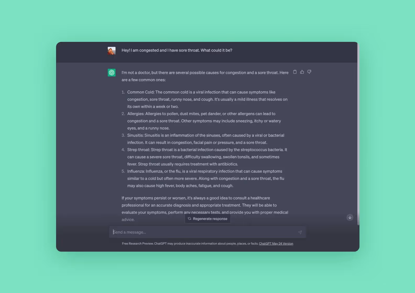 Screenshot of a ChatGPT conversation with a patient