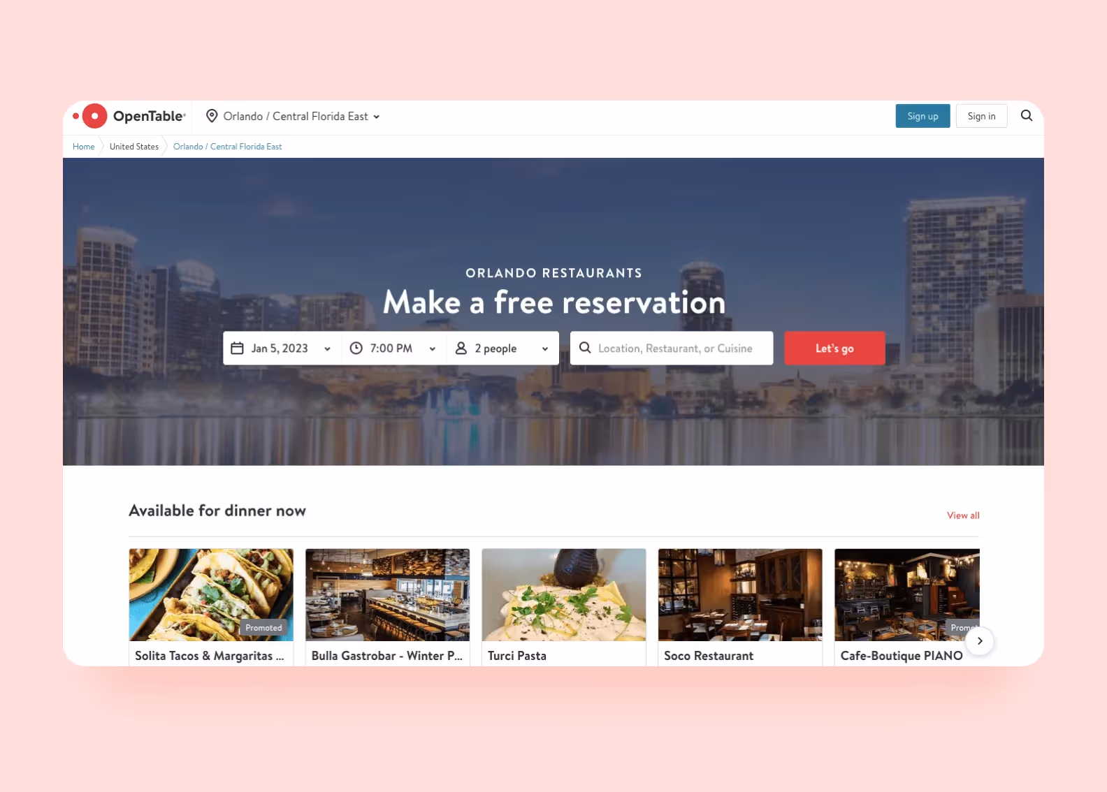 Интерфейс сайта OpenTable в наши дни