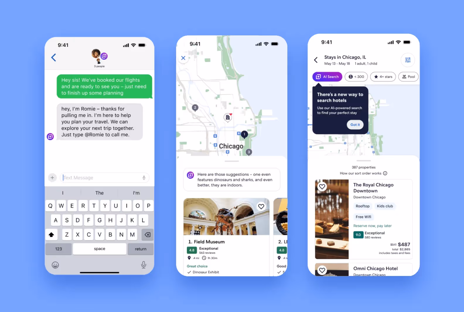 Screenshots of Expedia’s new AI-powered search pages