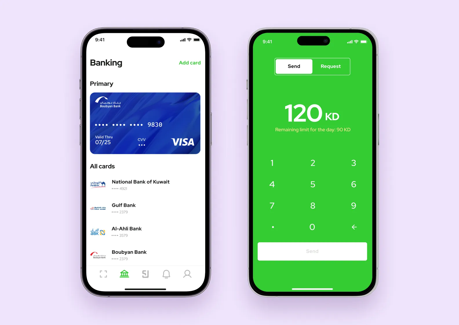 Two screens of a P2P payment app, KEM