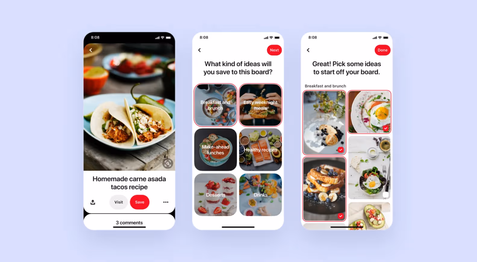 Three screens of the Pinterest app