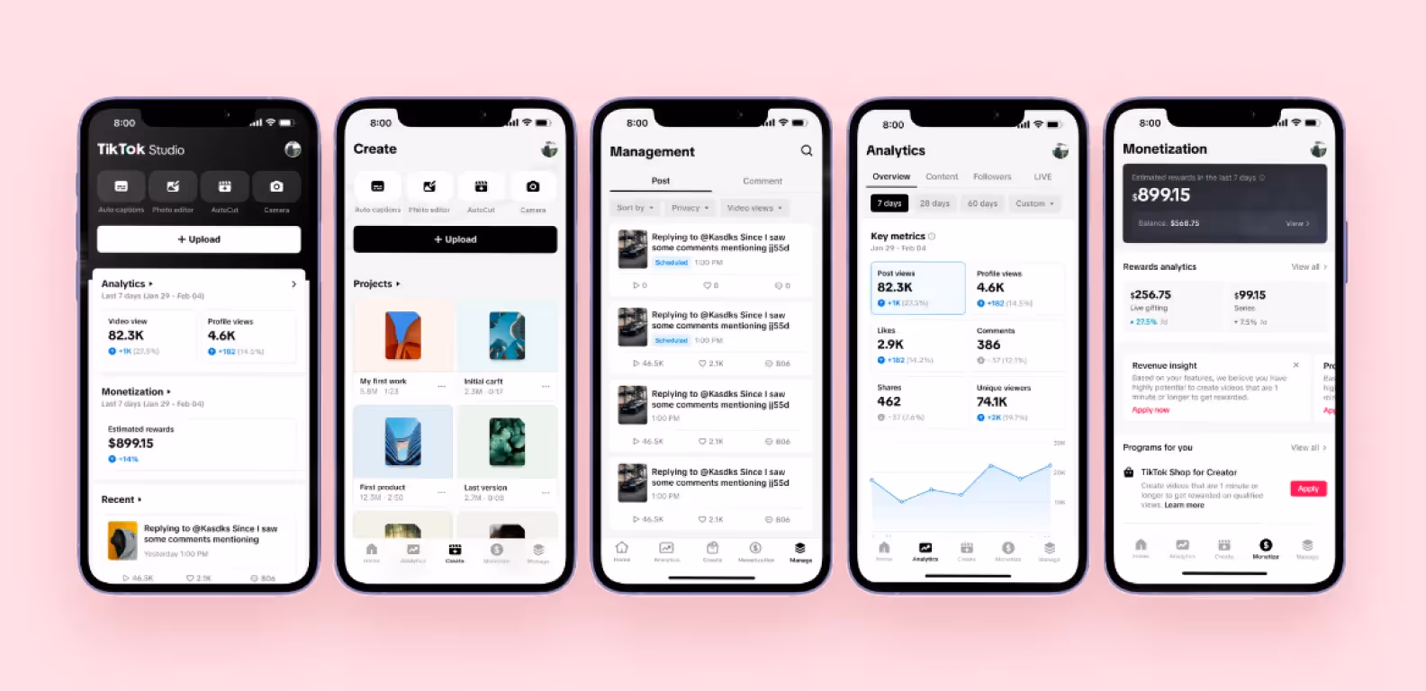Three screens of TikTok Studio