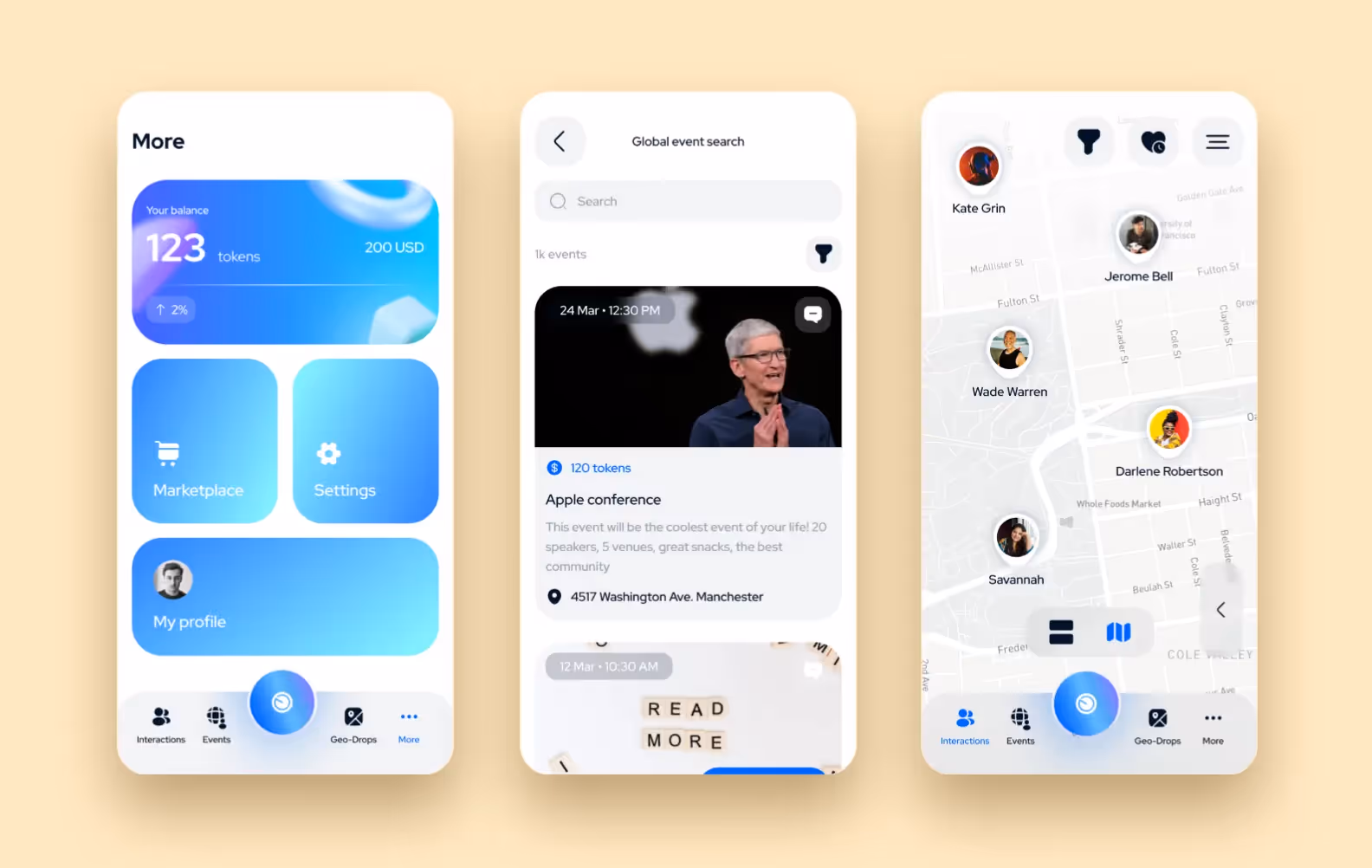 Three main screens of the Blue Social app redesign project