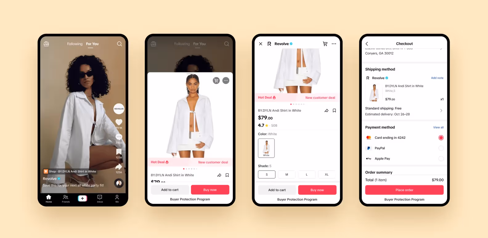 Four screens of TikTok Shop functionality