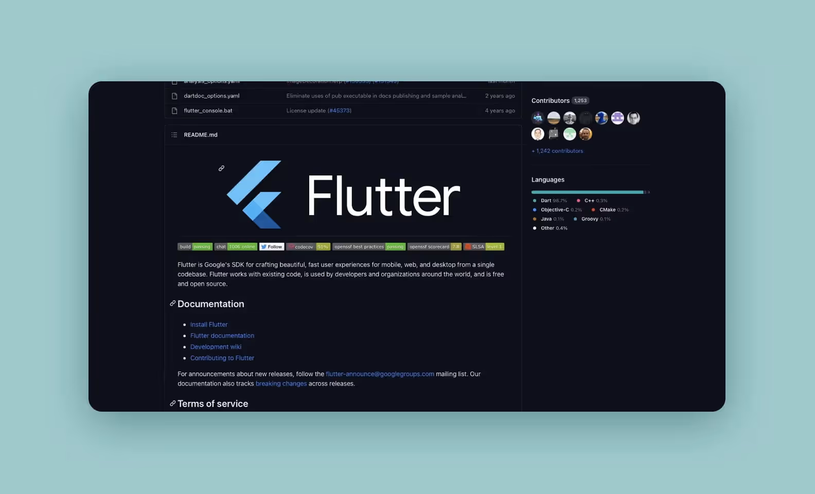 Снимок экрана Flutter GitHub