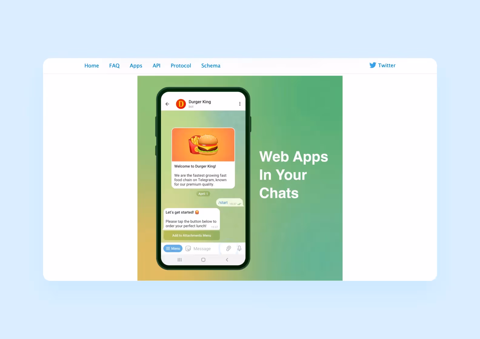 страница на core.telegram.org с экраном мини-приложения DurgerKing