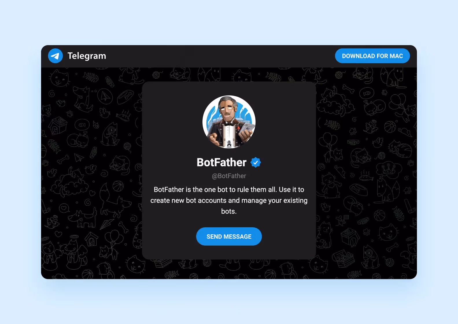 страница на telegram.me, ведущая на главного чат-бота Telegram @BotFather