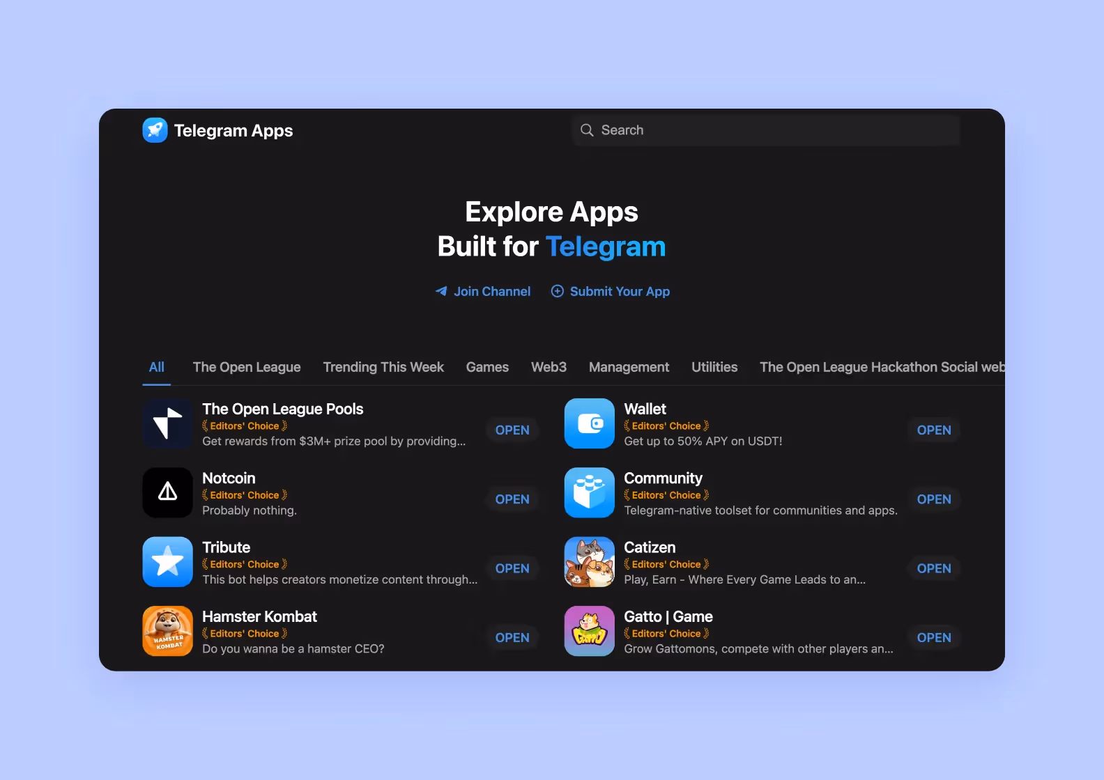 главная страница tapps.center, каталога мини-приложений на основе Telegram
