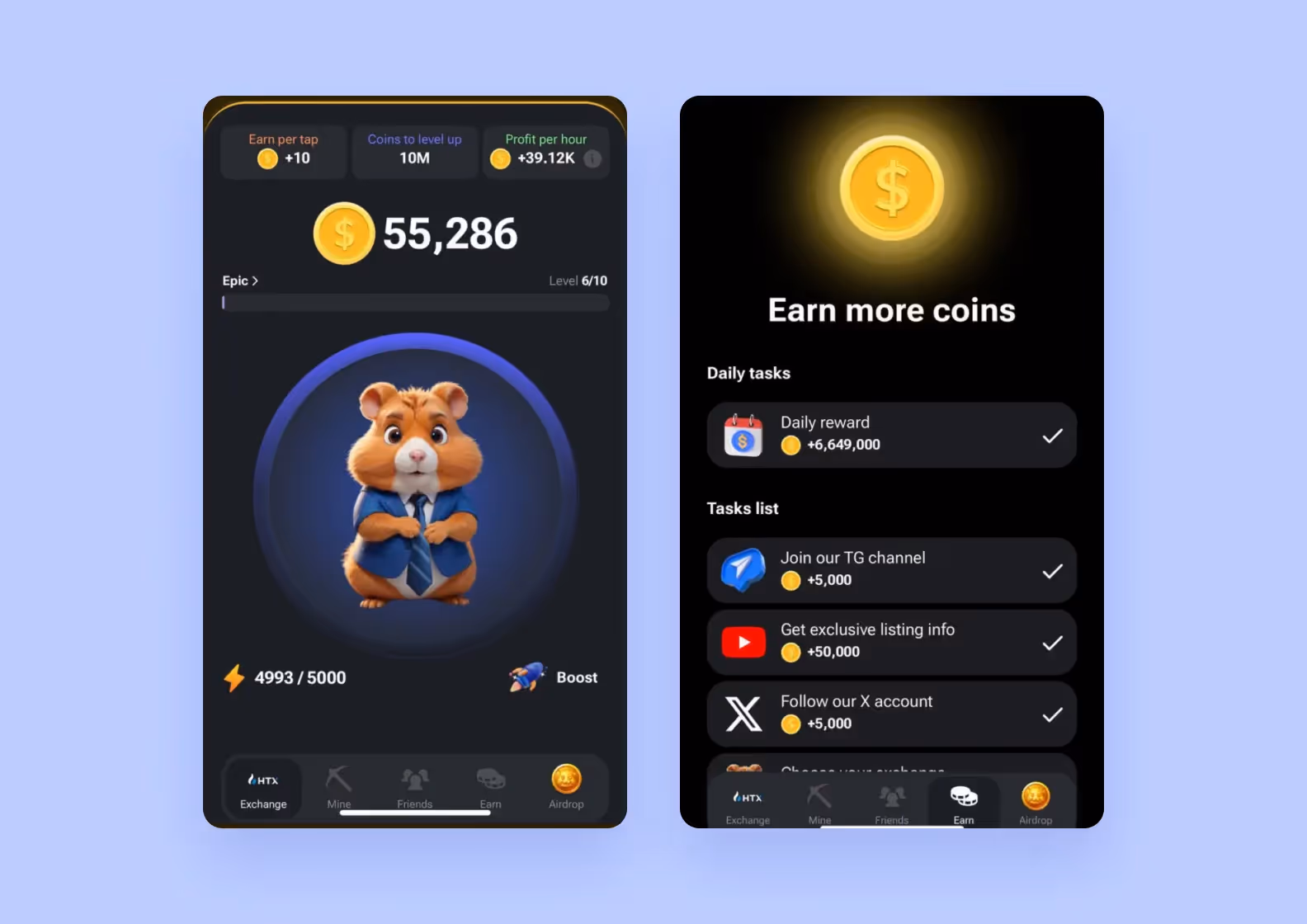 экраны игры Hamster Kombat — приложения Telegram Web App
