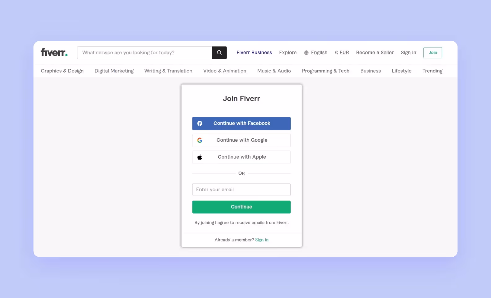 Регистрация на Fiverr скриншот