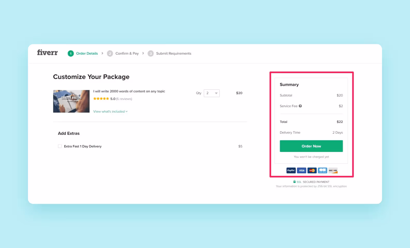 Оплата услуг на Fiverr — скриншот