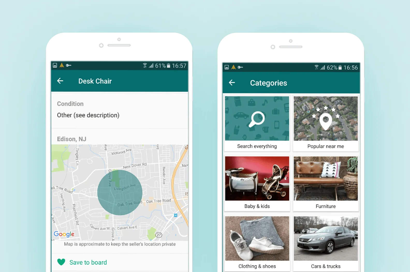 Интерфейс OfferUp с фотографиями товаров и картой