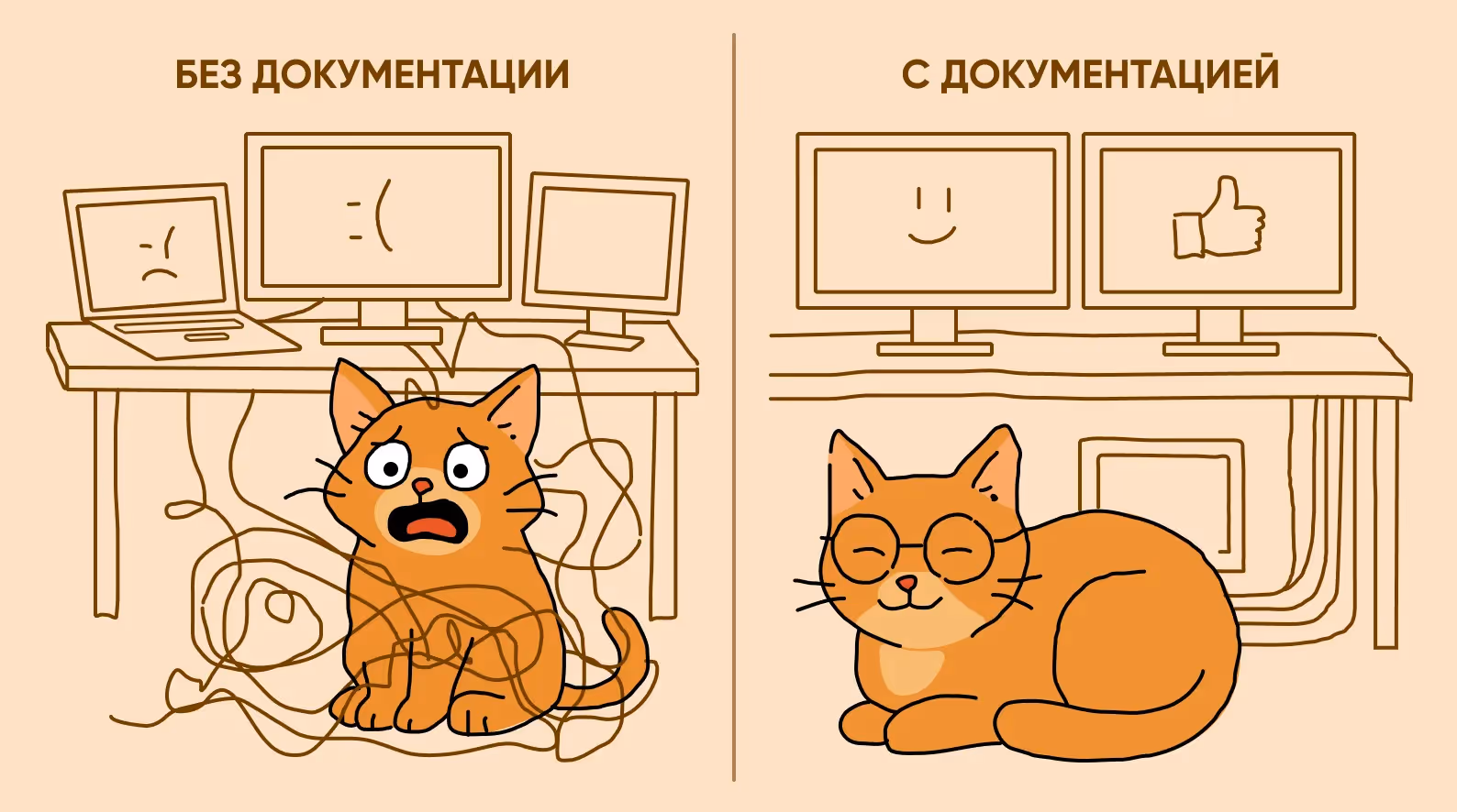 Иллюстрация с котом, демонстрирующая разность подходов к документированию ИТ-инфраструктуры
