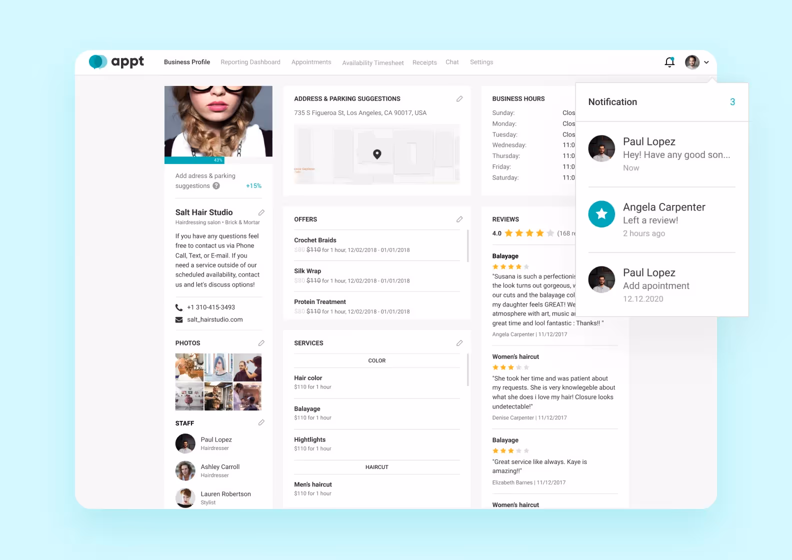 A screenshot of a business profile on Appt