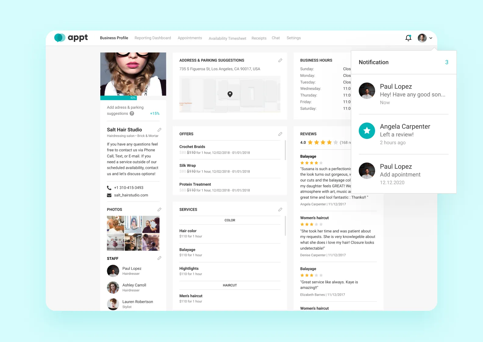 A screenshot of a business profile on Appt