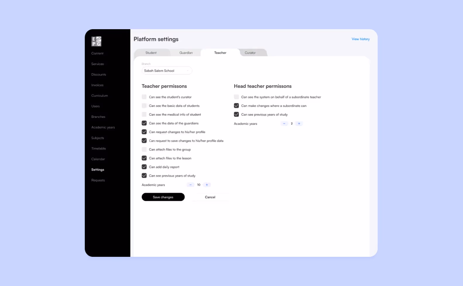 Role settings in the admin panel