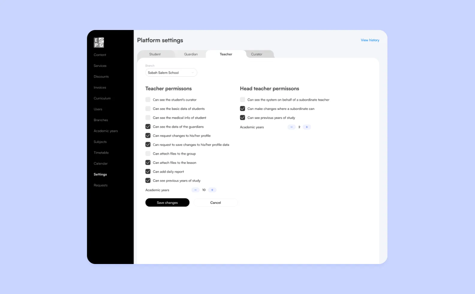 Role settings in the admin panel