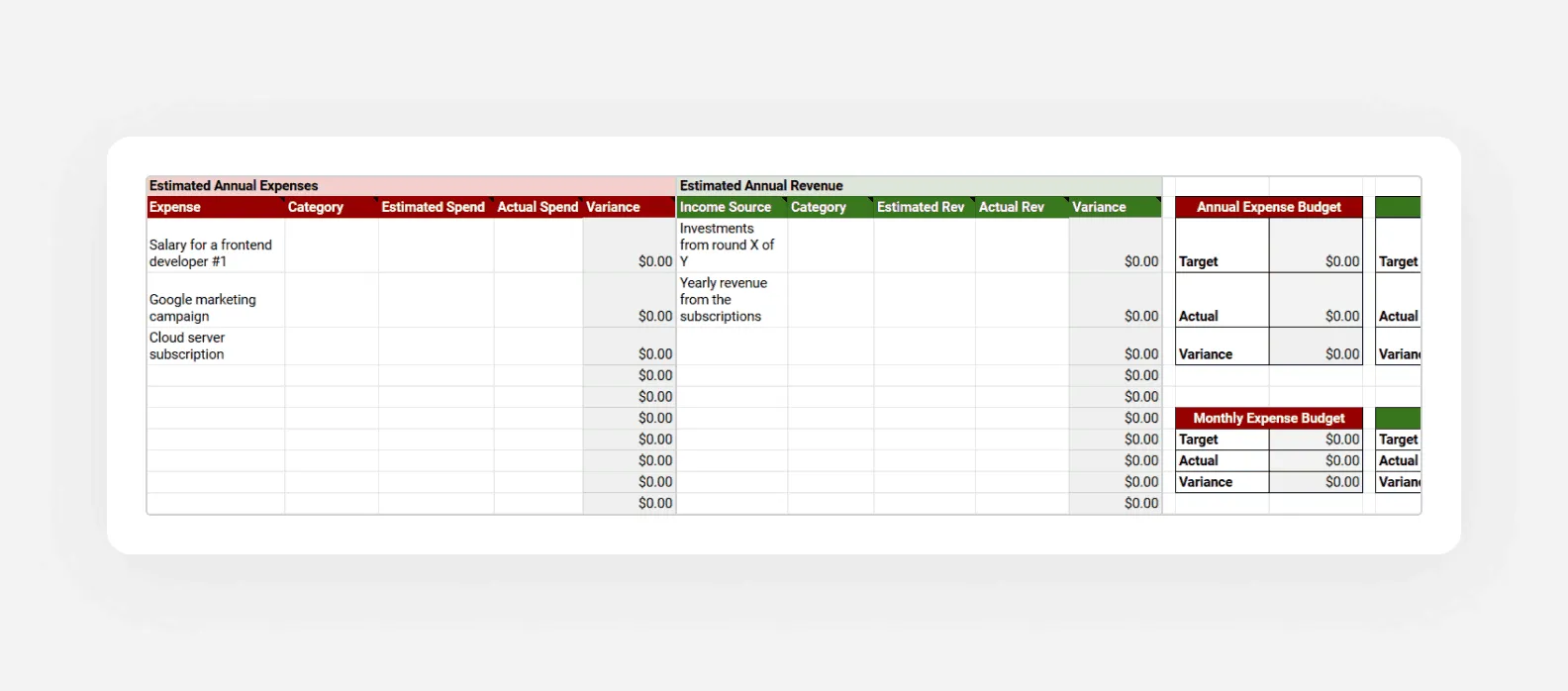 скриншот шаблона бюджета в Google Sheets