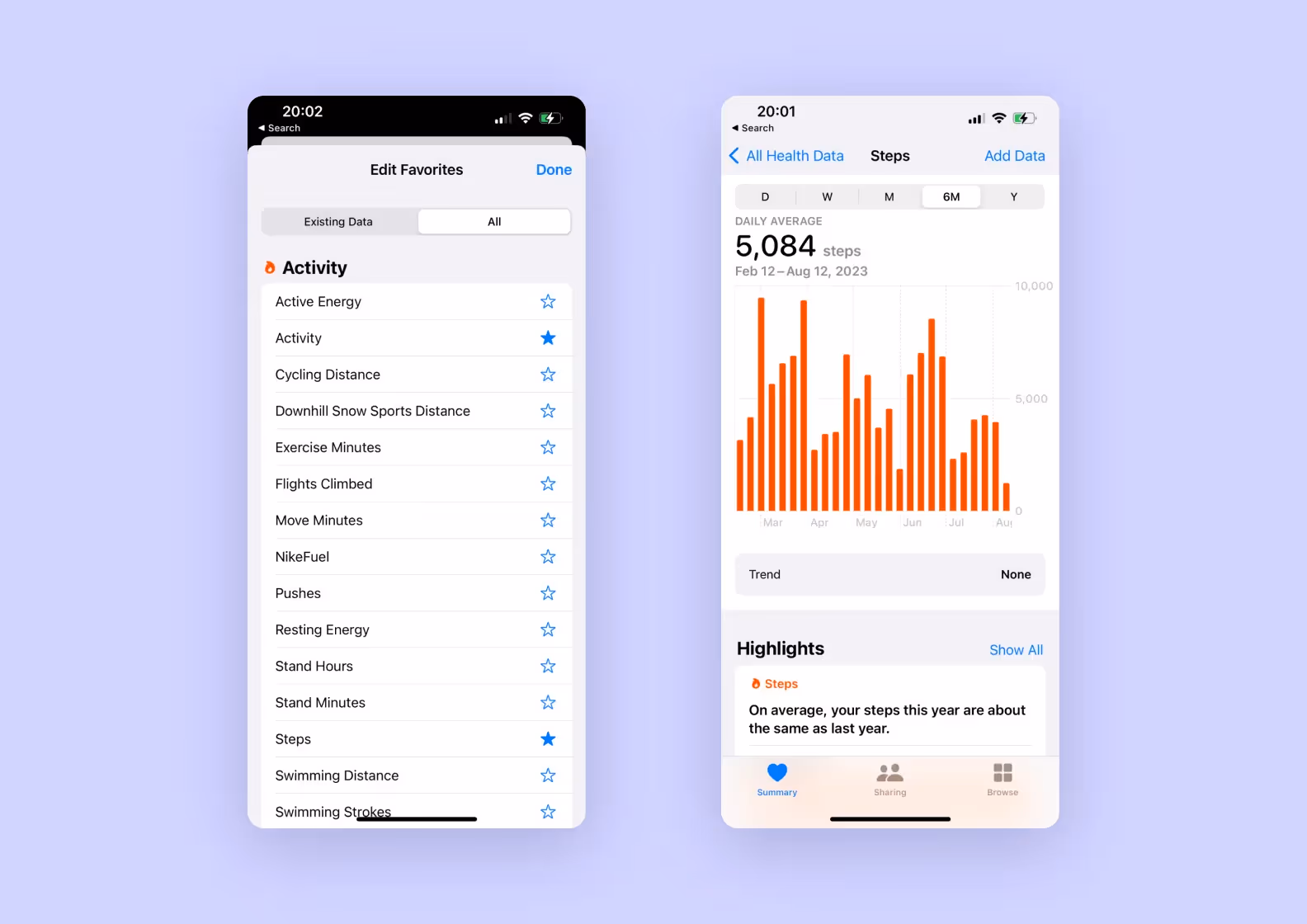Screenshots of Apple Health screens
