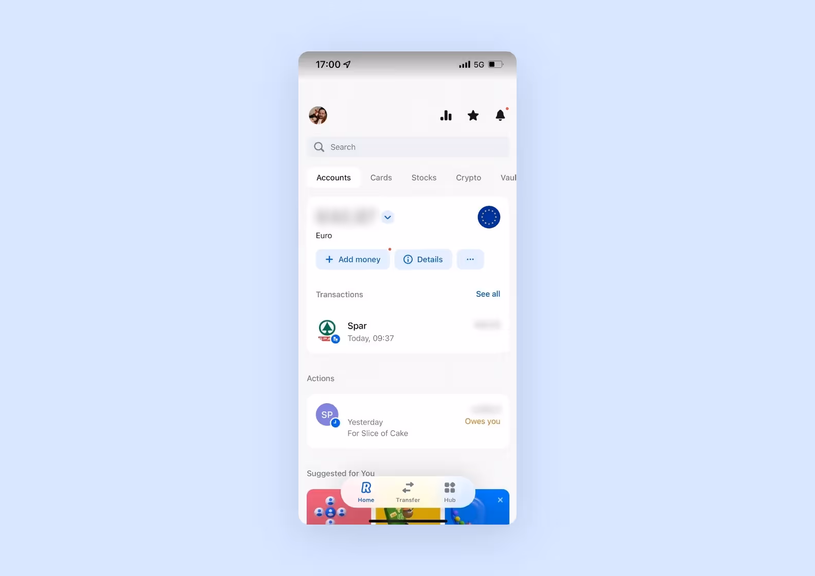 A screenshot of the Revolut app with blurred info