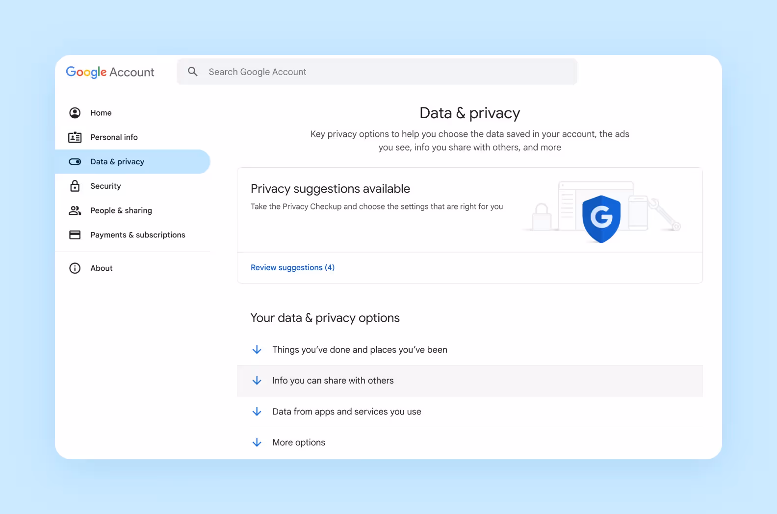 Вкладка "Данные и конфиденциальность" на веб-странице аккаунта Google