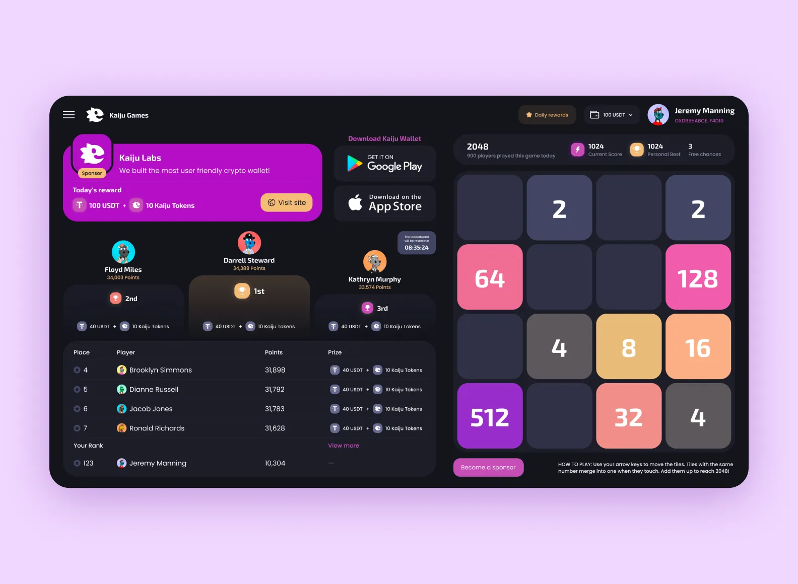 Экран криптокошелька с игрой 2048