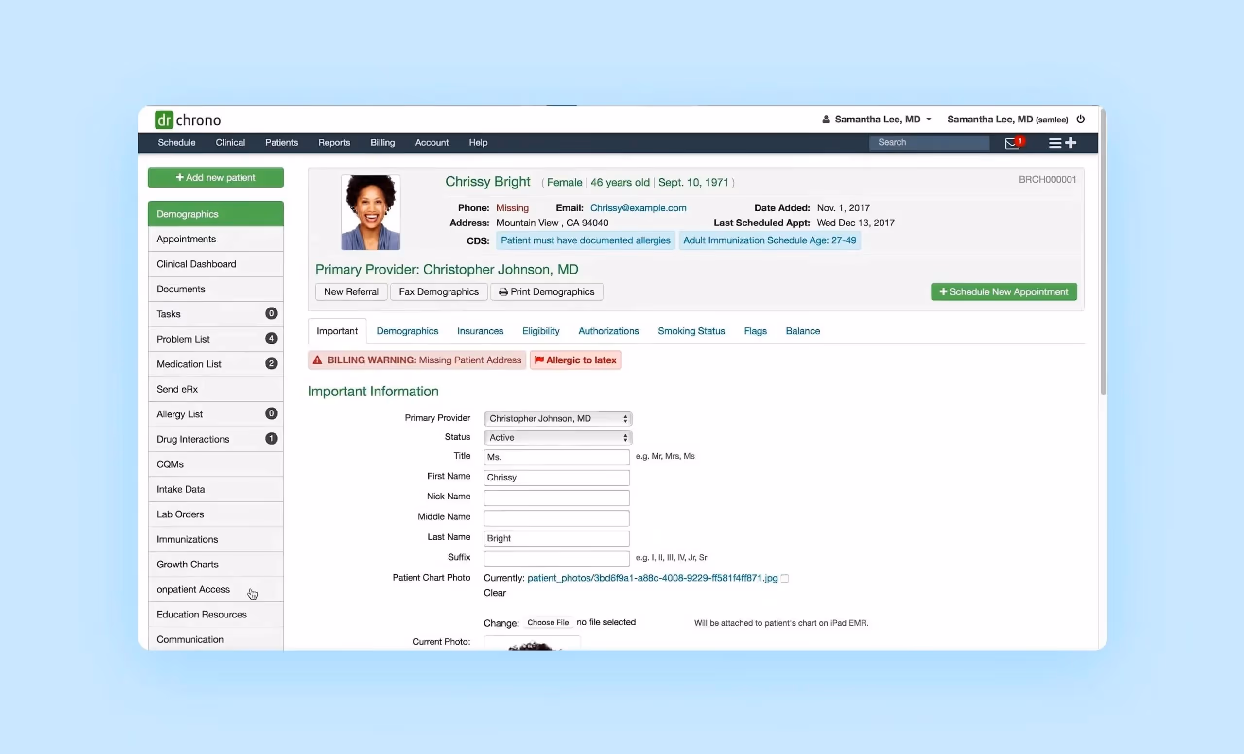 Главный экран приложения DrChrono отображает информацию о пациенте, расписание приемов, задачи и медицинские данные