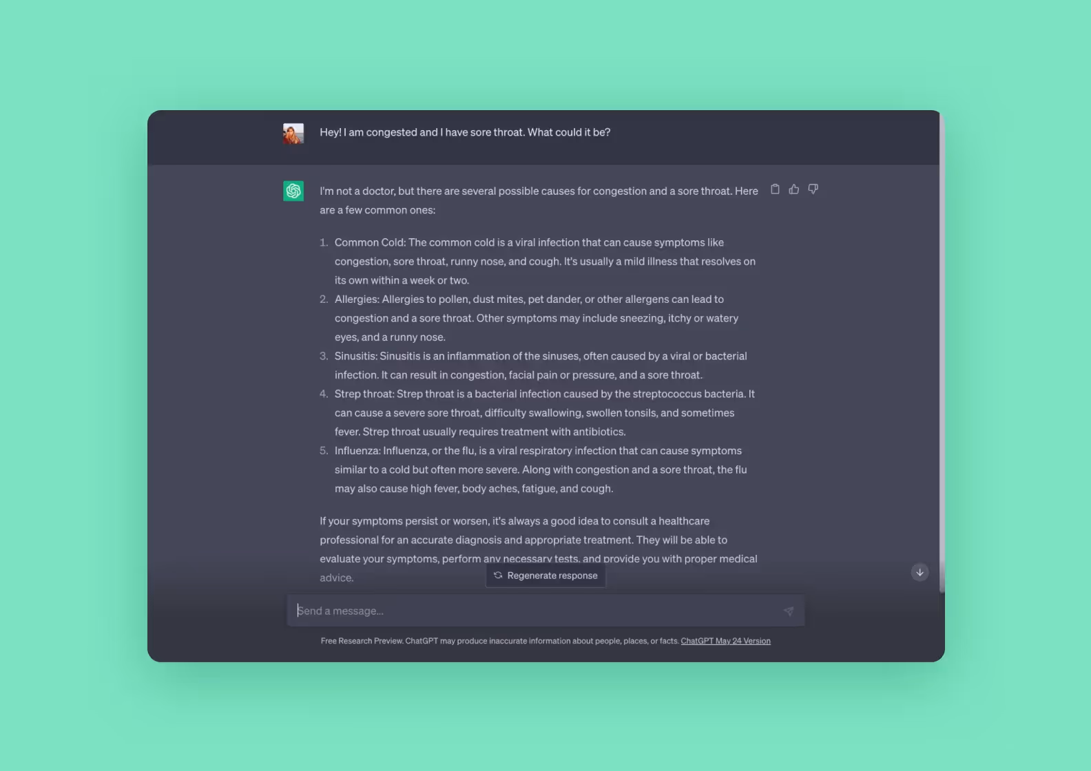 Снимок экрана разговора Chat GPT с пациентом