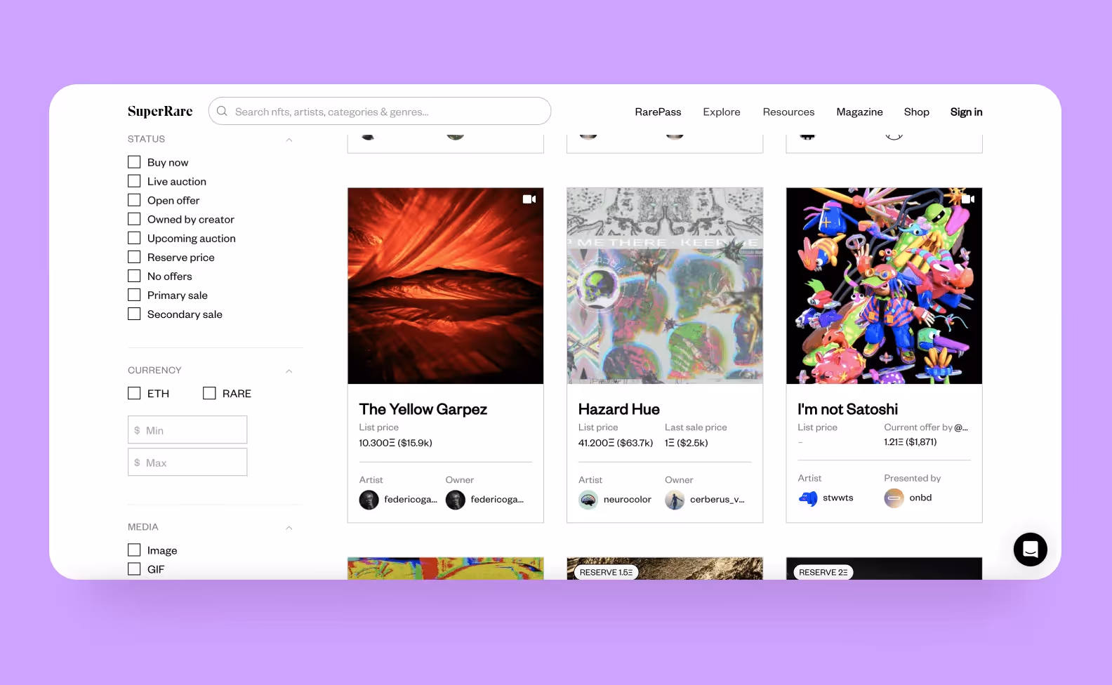 NFT projects with information about each collectible