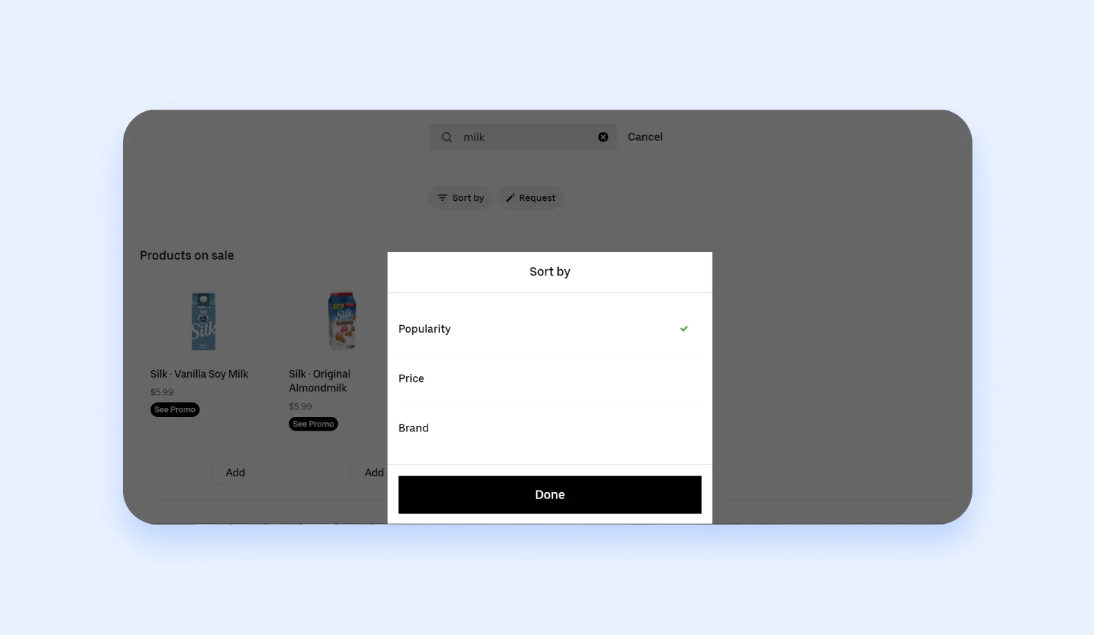 Фильтр поиска продуктов в Uber Eats