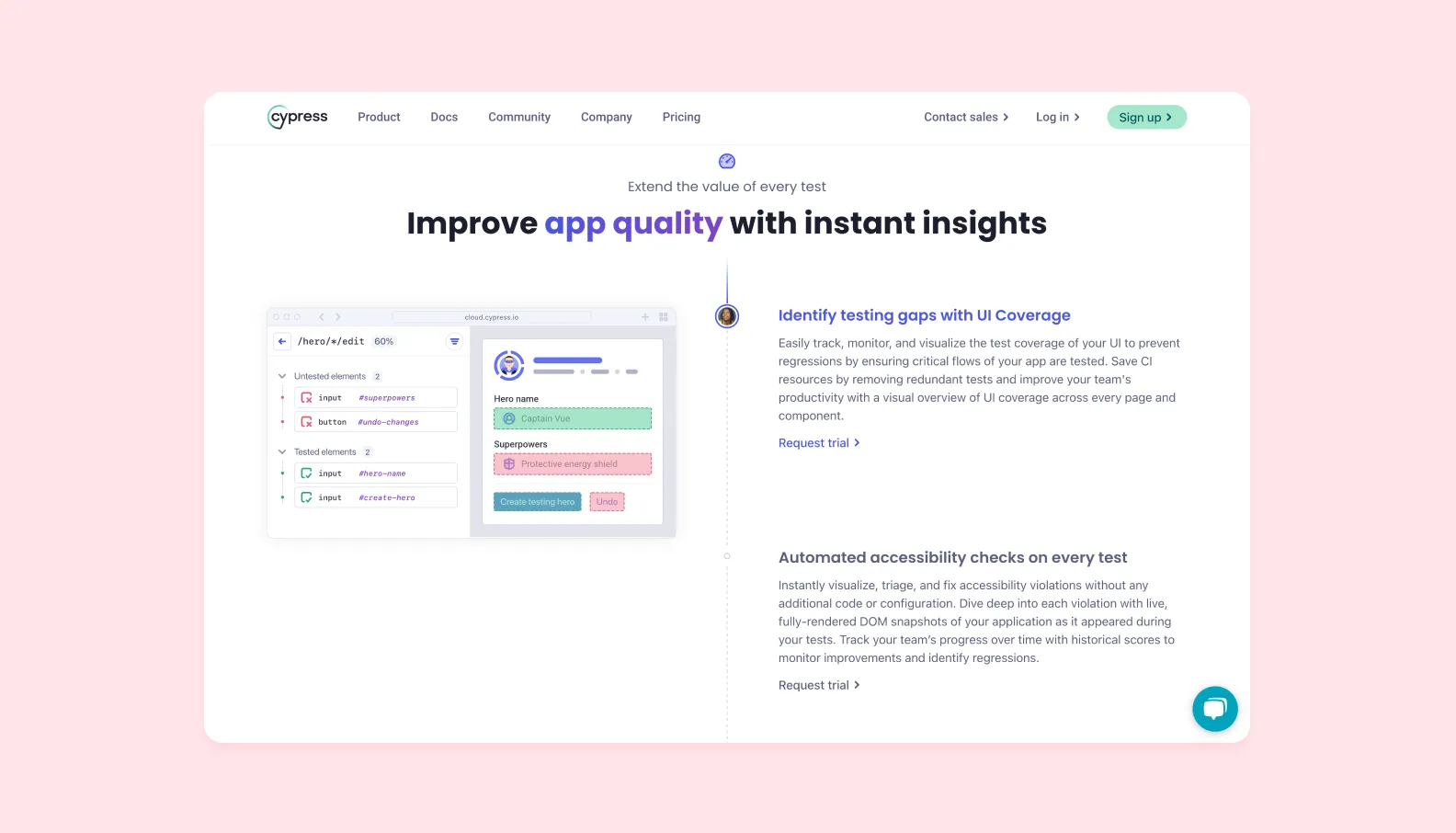 главная страница cypress.io с описанием преимуществ Cypress для автоматизированных frontend-тестов