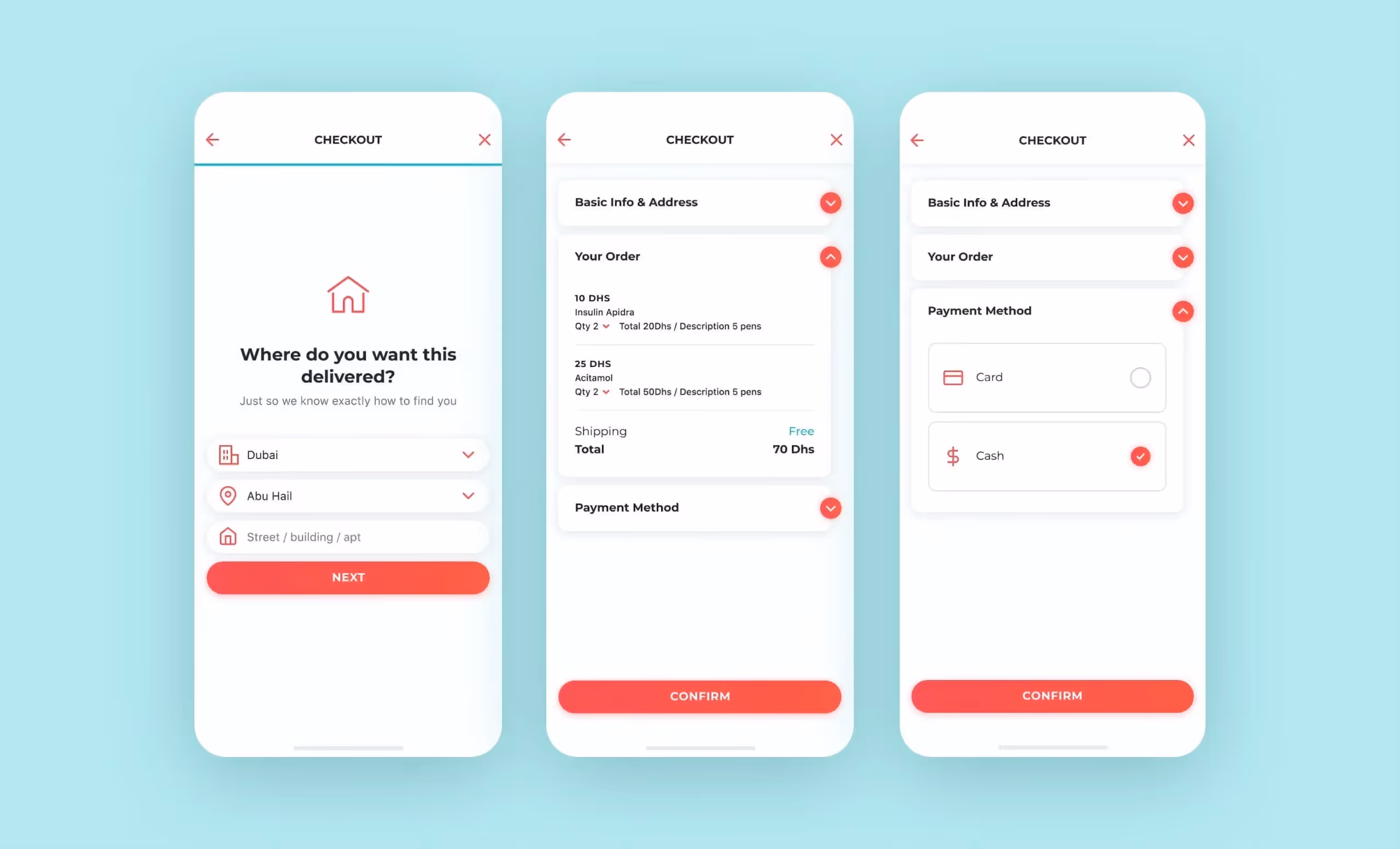 три экрана приложения, белый фон с ярко-розовыми акцентами на кнопках и иконках
