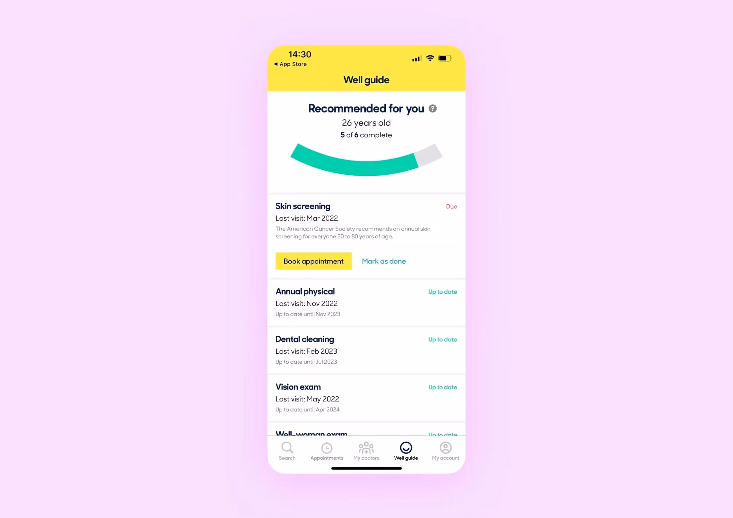 Экран «Гид по здоровью» со списком из 5 рекомендуемых скринингов