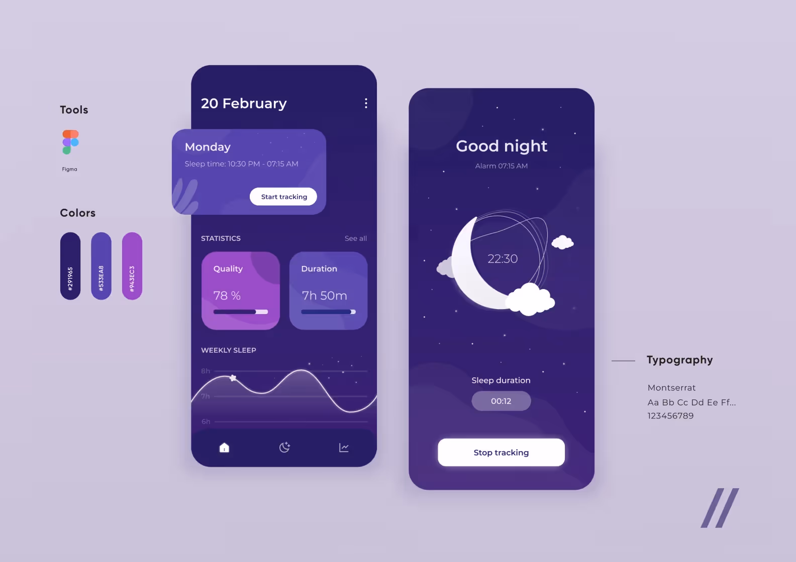 два экрана мобильного приложения для отслеживания сна с подробной информацией о типографике и цветовой схеме