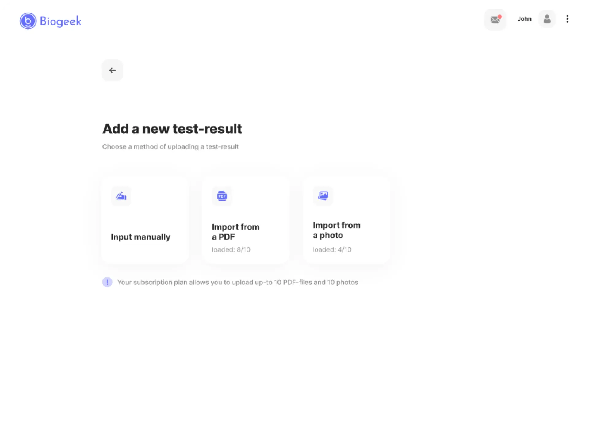 Screenshot of a Biogeek page where test results are added