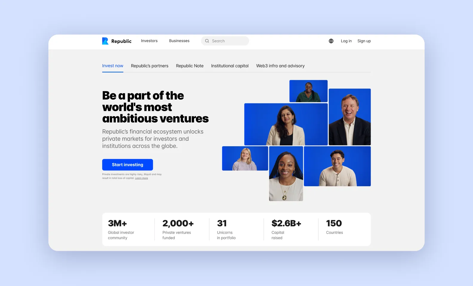 page of republic.com describing the platform’s benefits for professional investors