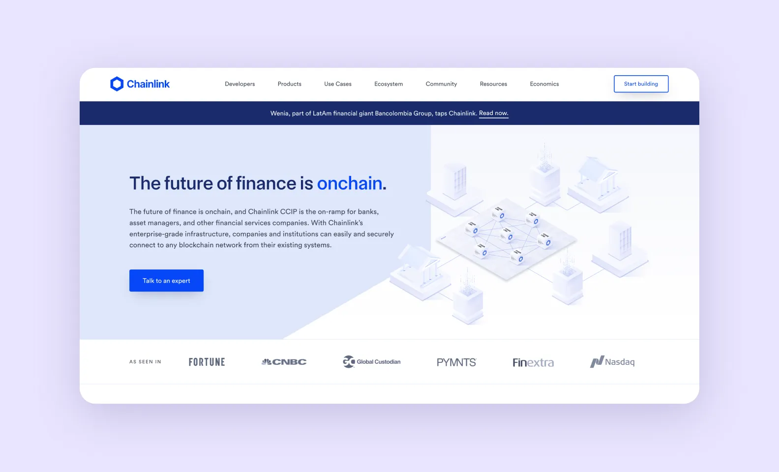page of the chain.link describing the platform’s benefits for fintech