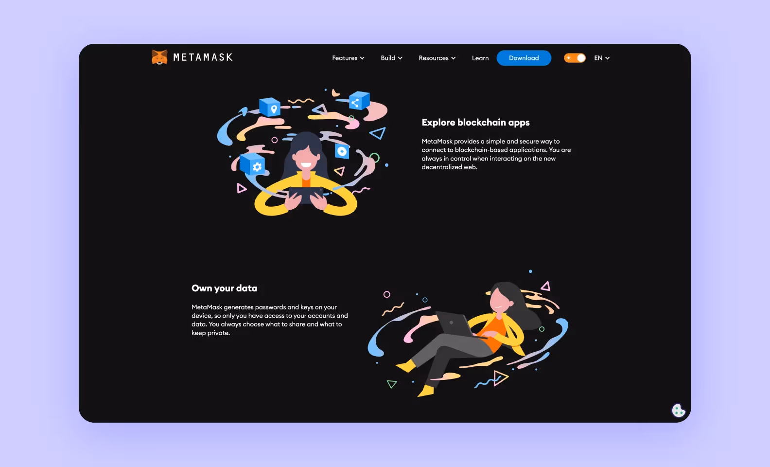 page of metamask.io describing the advantages of blockchain apps