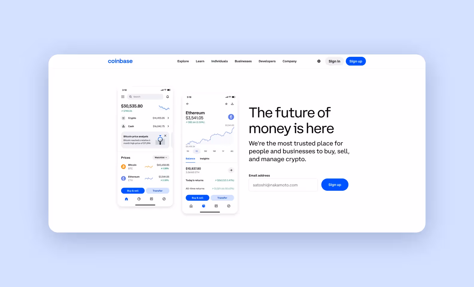 page of coinbase.com showcasing the platform’s benefits