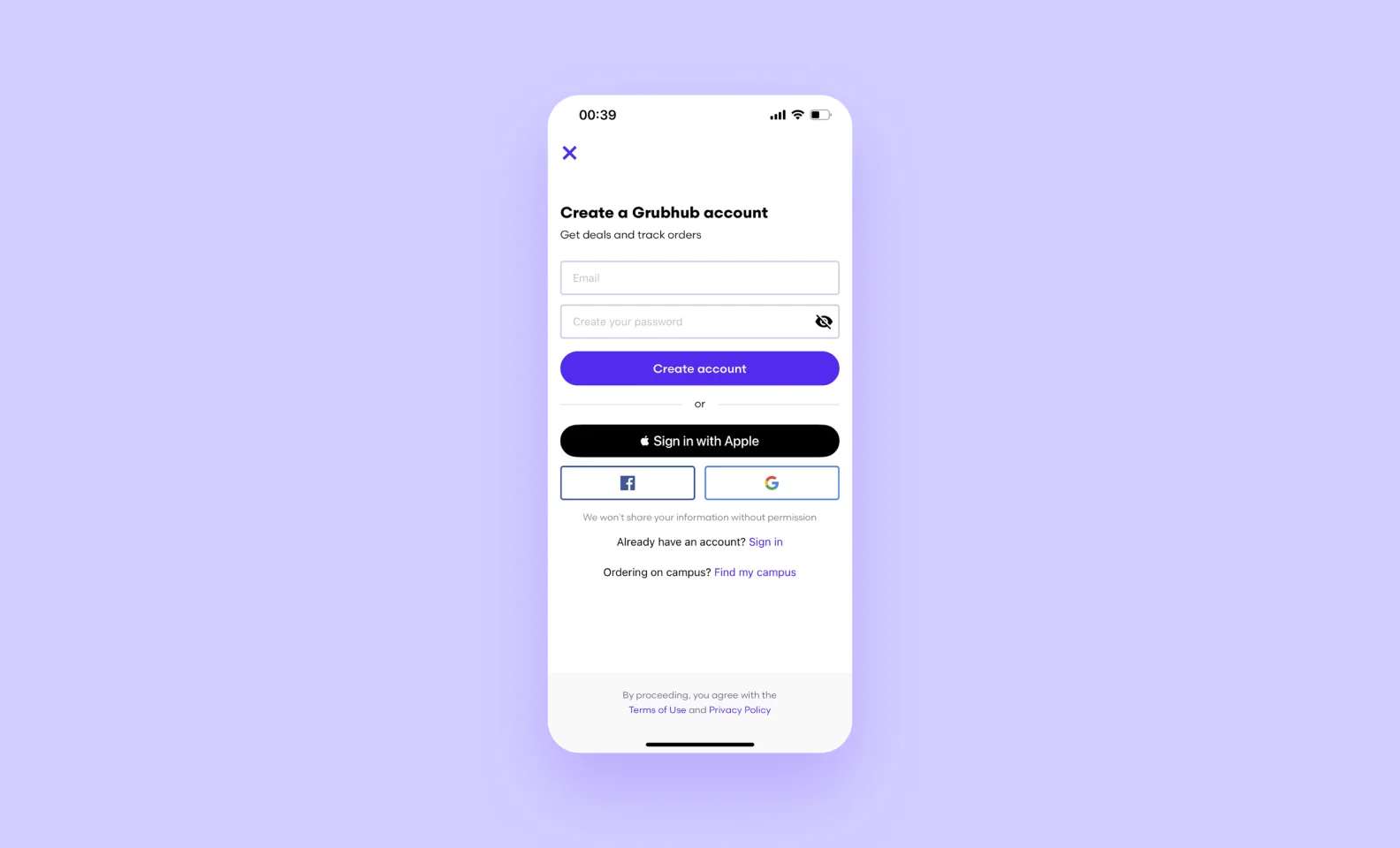 GrubHub sign up screen