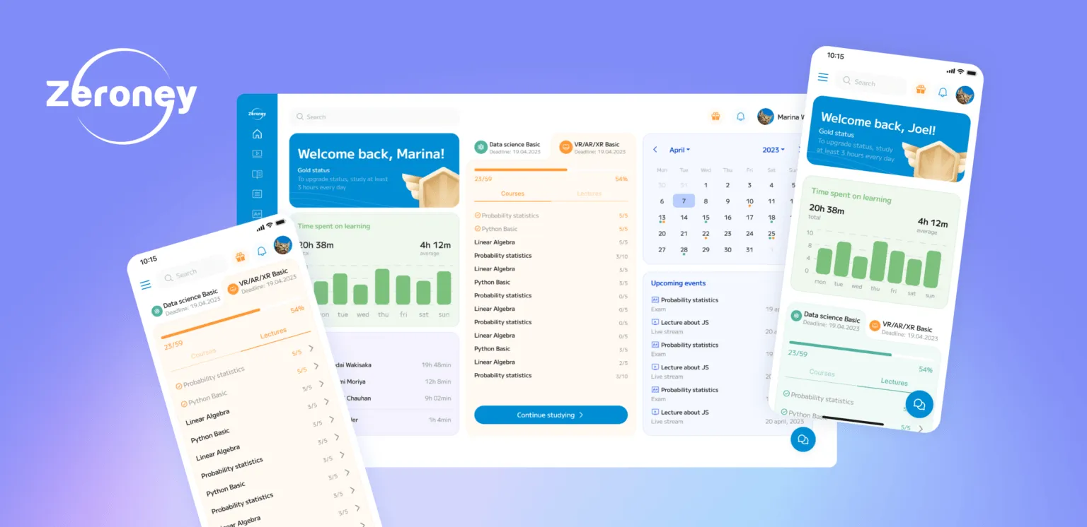 screens of the Zeroney app designed by Purrweb